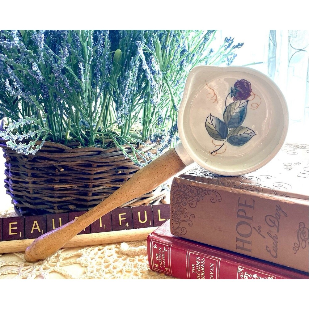 Vintage Ladle 1950’s Ceramic & Wood Japan Patent Berry and Leaves Handpainted